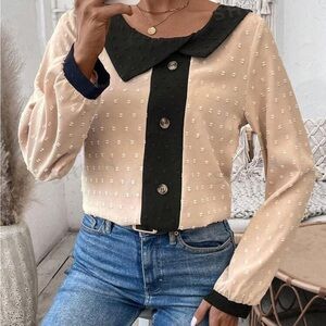 Color block Swiss dot long sleeve blouse